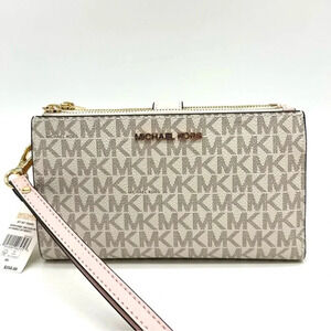 Michael Kors Double Zip Wallet Wristlet Leather Vanilla/ Light Pink